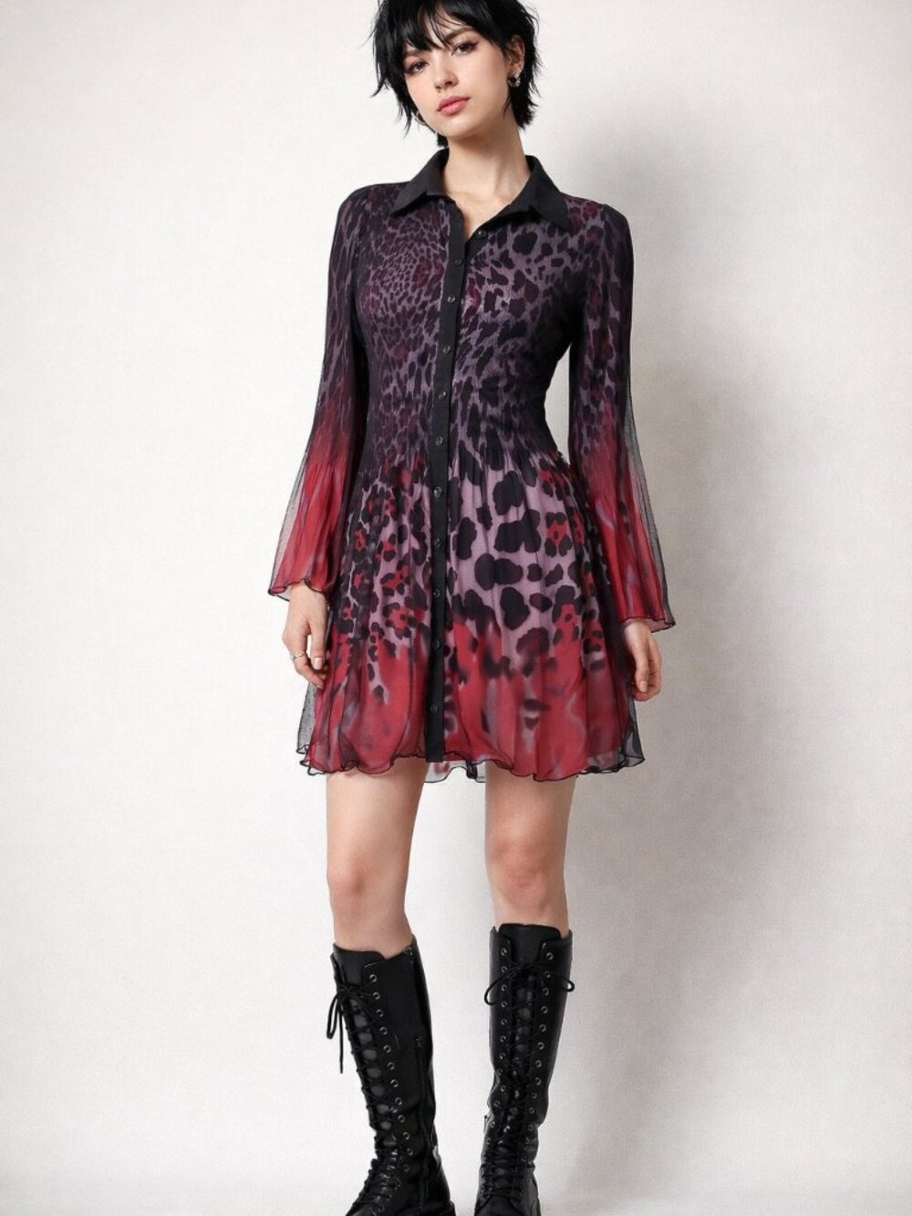 Leopard Print Sheer Mesh Overlay Front Button Dress Firey Red Tipped Sleeves